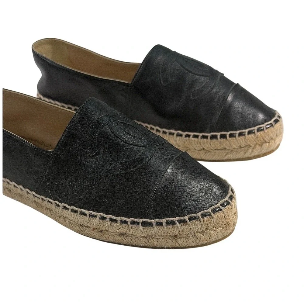 CHANEL Lambskin Espadrilles Black CC 37 Auth New w/o Box Leather Flats Slip-On
